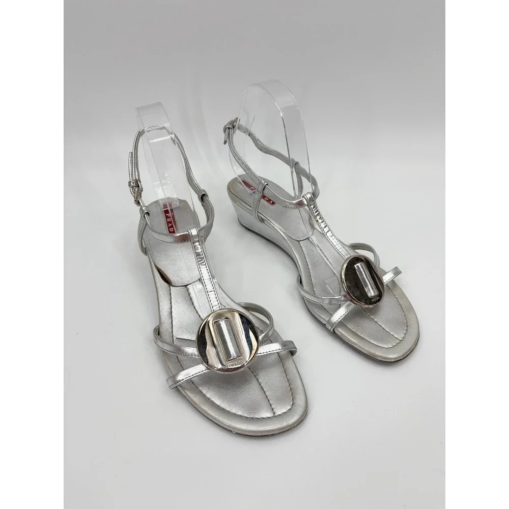 B5 Prada Metallic Leather Wedge Sandals 9.5 Silver T-Strap Medallion Strappy - Picture 2 of 14